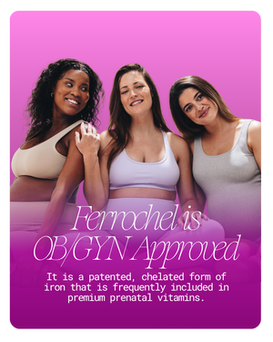 Promotional graphic featuring three pregnant women in sports bras against a pink-to-purple gradient background, with text reading 'Ferrochel is OB/GYN Approved' and additional product information.