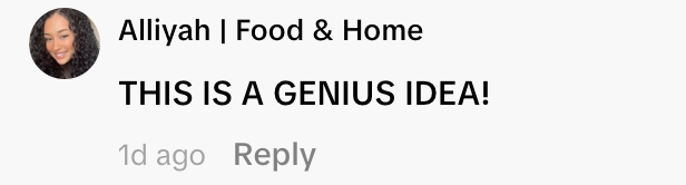A screenshot of a social media or forum comment by 'Alliyah | Food & Home' saying 'THIS IS A GENIUS IDEA!' with a small profile picture, timestamped 1d ago and showing 0 heart reactions.